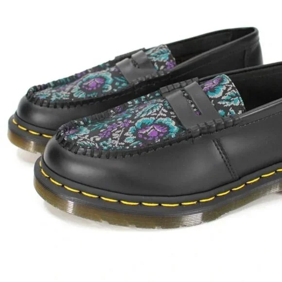 Dr. Martens Penton Floral Loafers Black Leather Jacquard Slip On - Picture 4 of 6